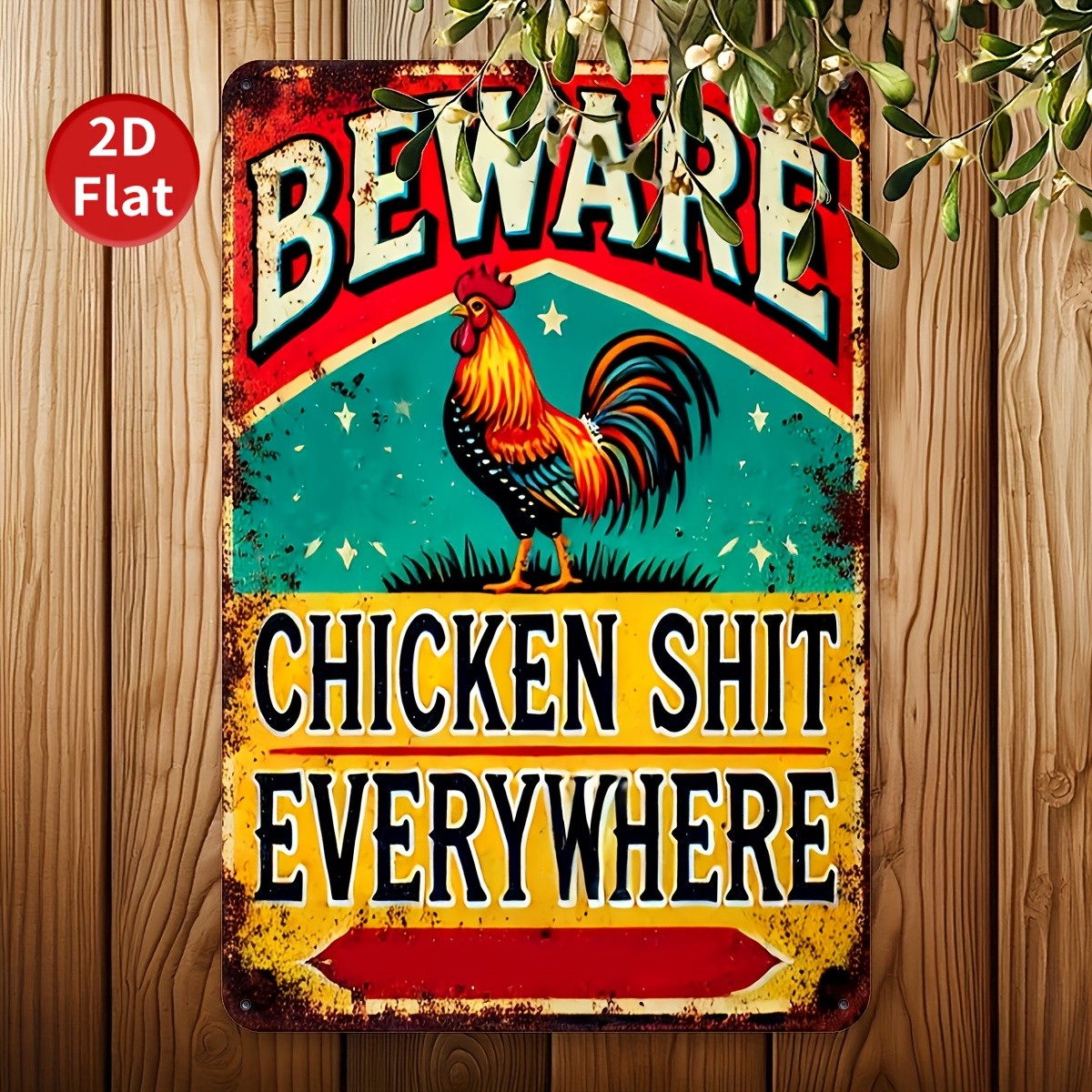 Beware Chicken S*** Everywhere Tin Sign Funny Rooster Metal Farmhouse Wall Decor