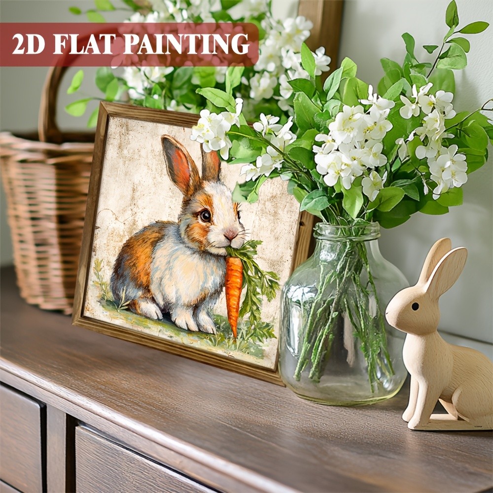Easter Brown White Bunny With Carrot Wooden Plaque Vintage Farmhouse Wall Decor