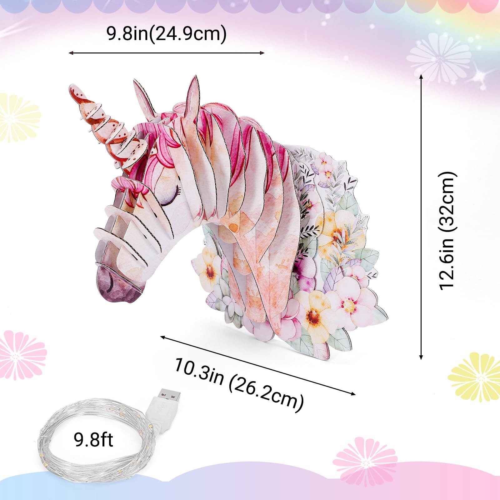 Glitter 3D Unicorn Wall Décor Cardboard Mount Wall Art Cute 3D Purple Pink Wa…
