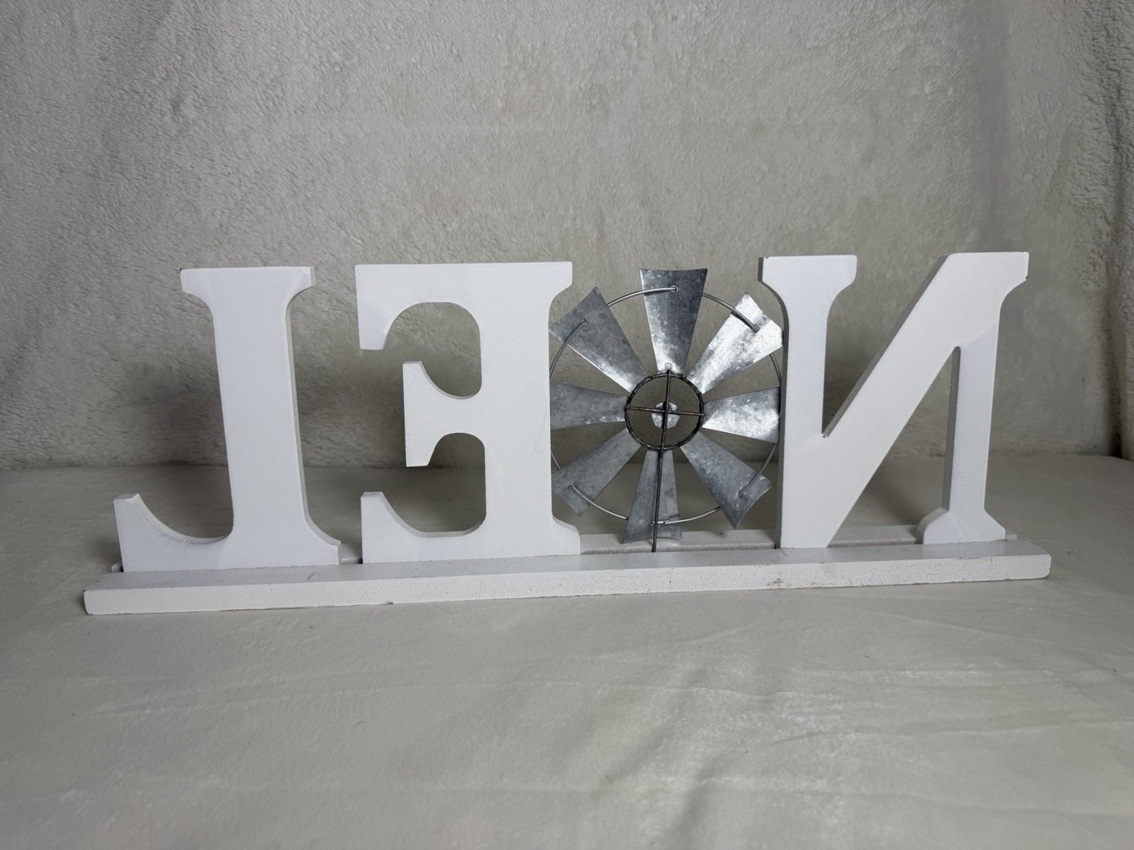 NOEL Freestanding Farmhouse Wood Metal Letters Sign White Gray Windmill Decor