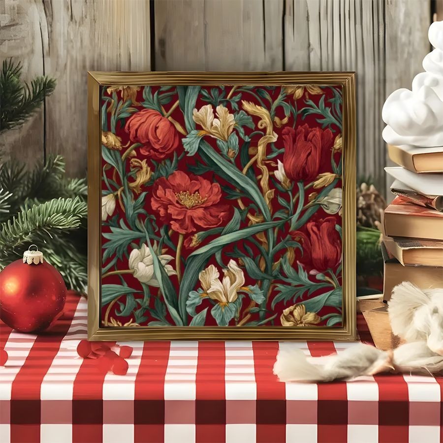 Vintage Red Floral Pattern Wooden Frame Sign Rich Red Green Botanical Wall Art