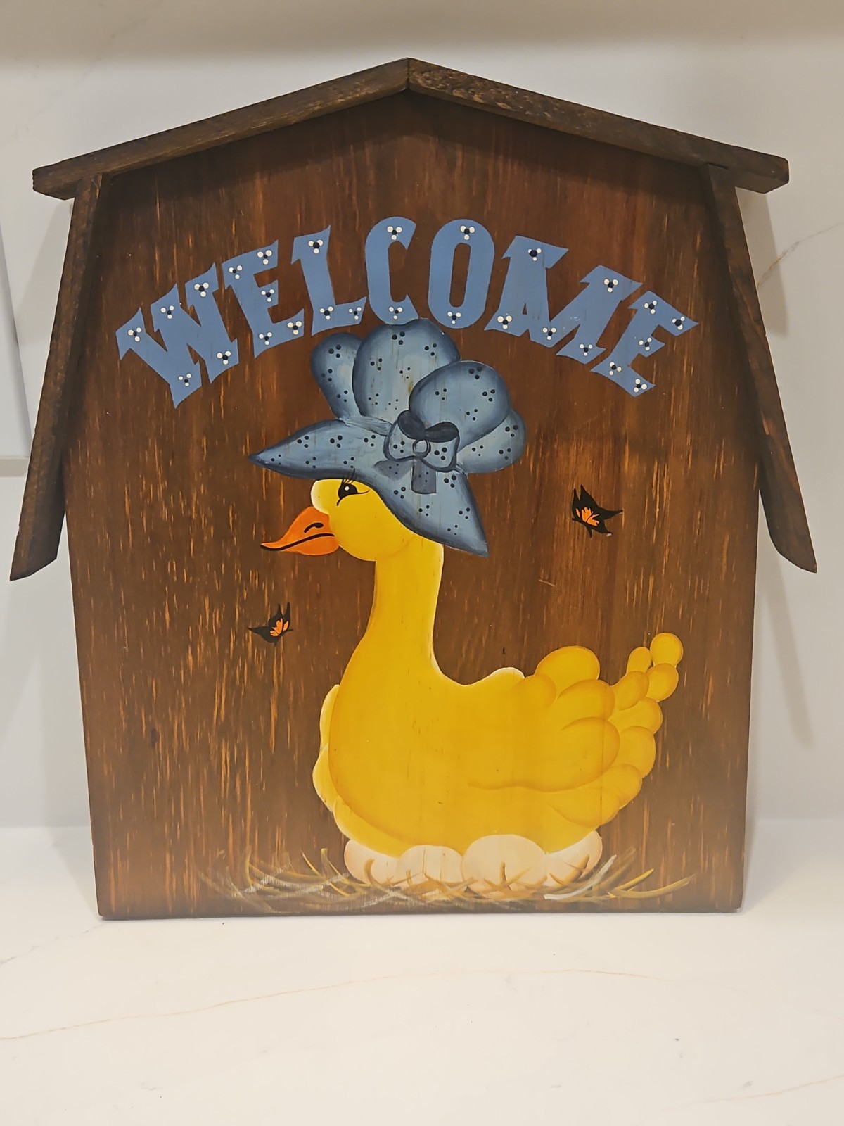 VTG 1980s Wooden Goose Welcome Sign Hand Painted Country Farmhouse Wall Decor