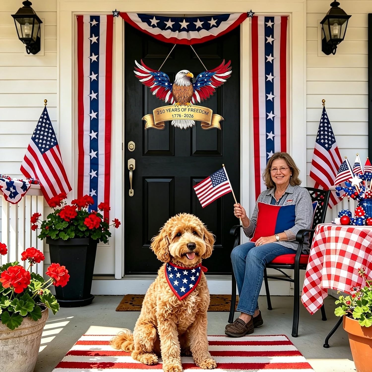 250th Anniversary 4th of July Door Sign, American Eagle 1776-2026 Wreath Patriot