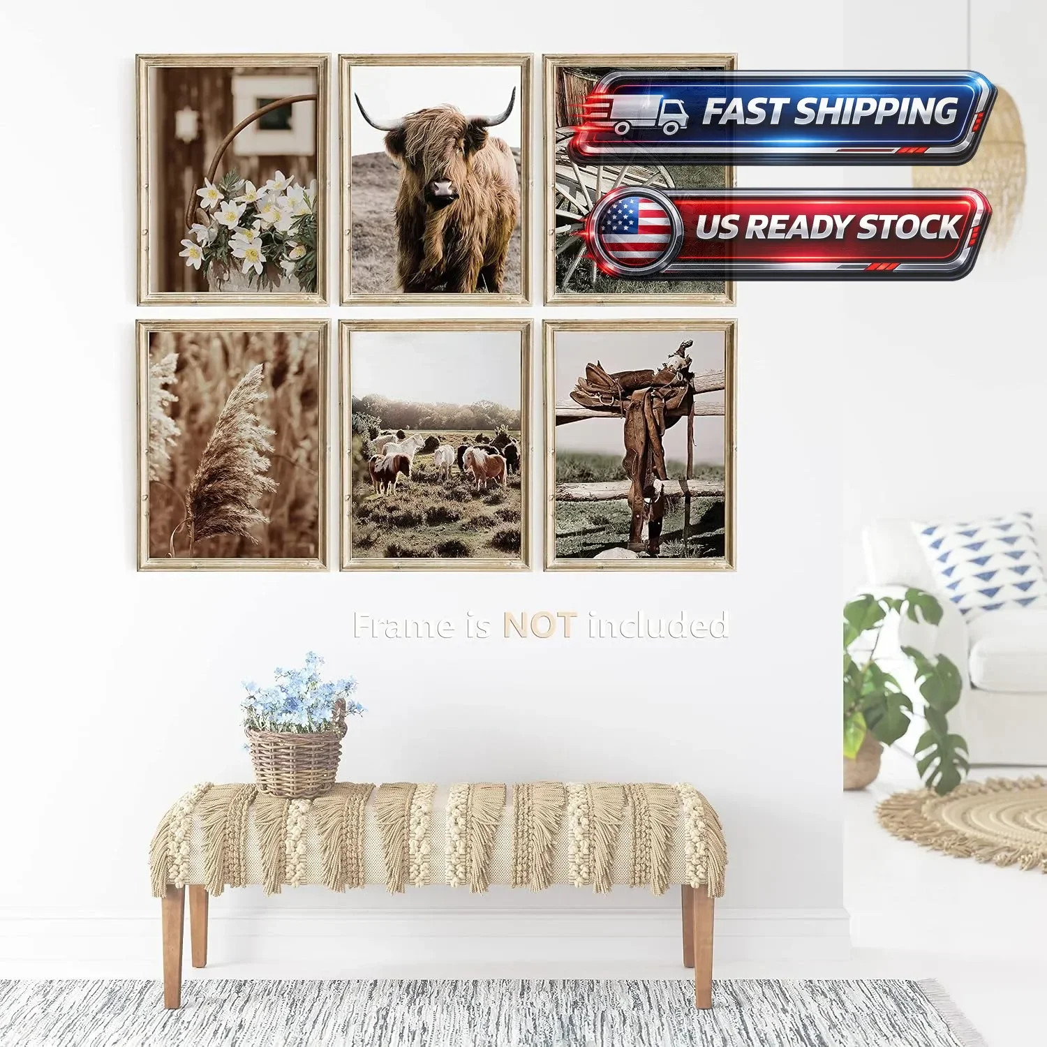 Highland Cow Bathroom Wall Art Prints, Rustic Decor, Unframed, 8X10 Inches, 9 Pc
