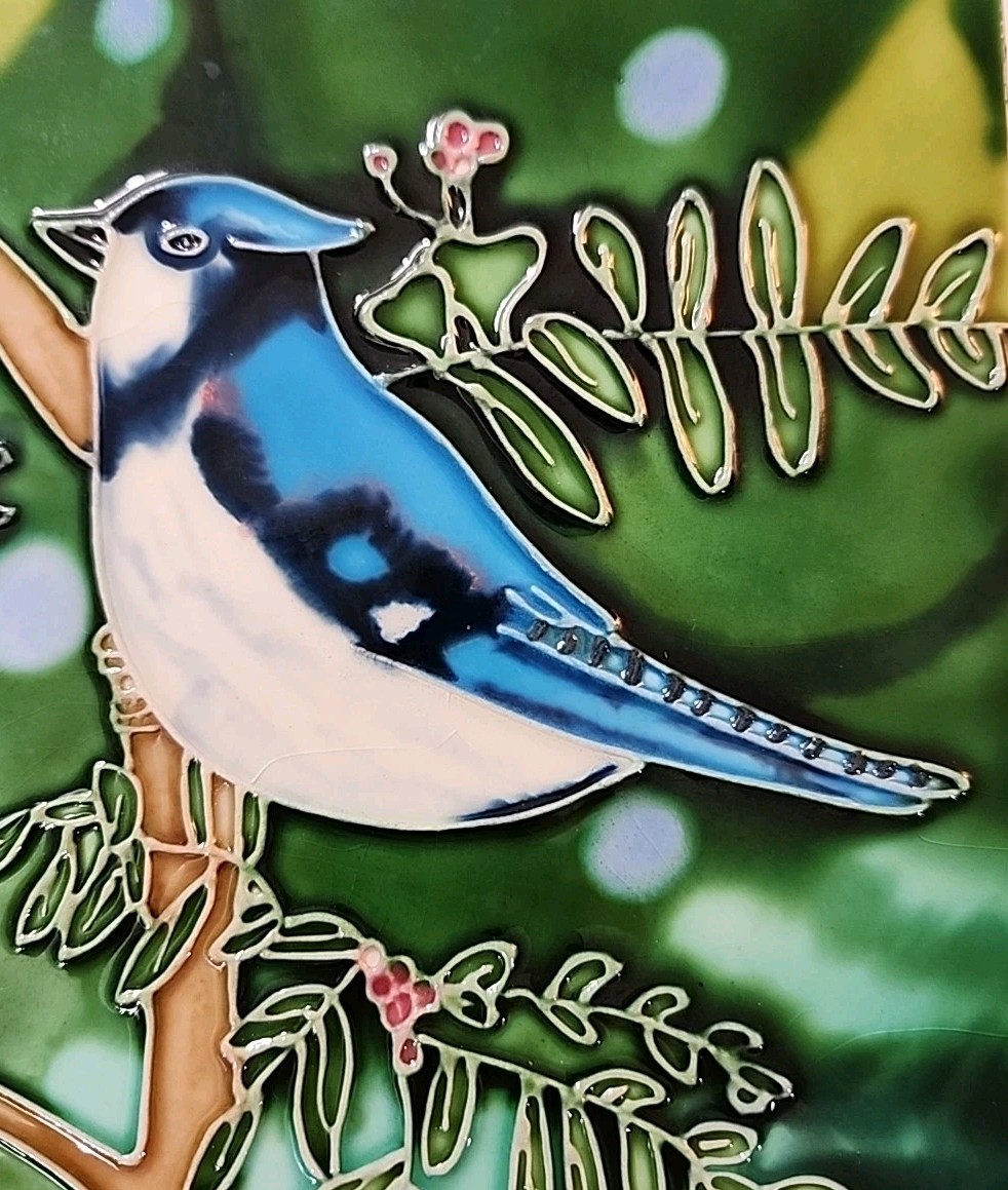 Blue Jays On A Box Elder With Berries Decorative TILE 8″x8″ Hanging or Standing
