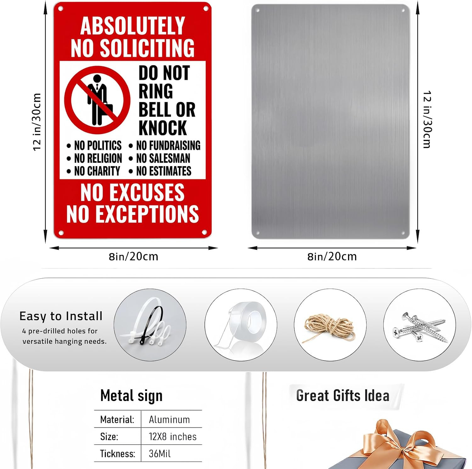 Absolutely No Soliciting Sign 8X12 Inch Metal Aluminum Plaque, Do Not Ring Bell