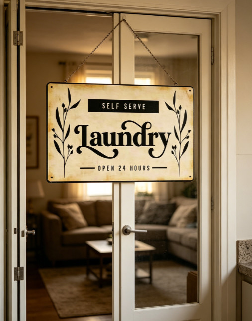 Laundry Room Metal Tin Sign Wall Decor Self Serve Open 24 Hours Wall Plaque