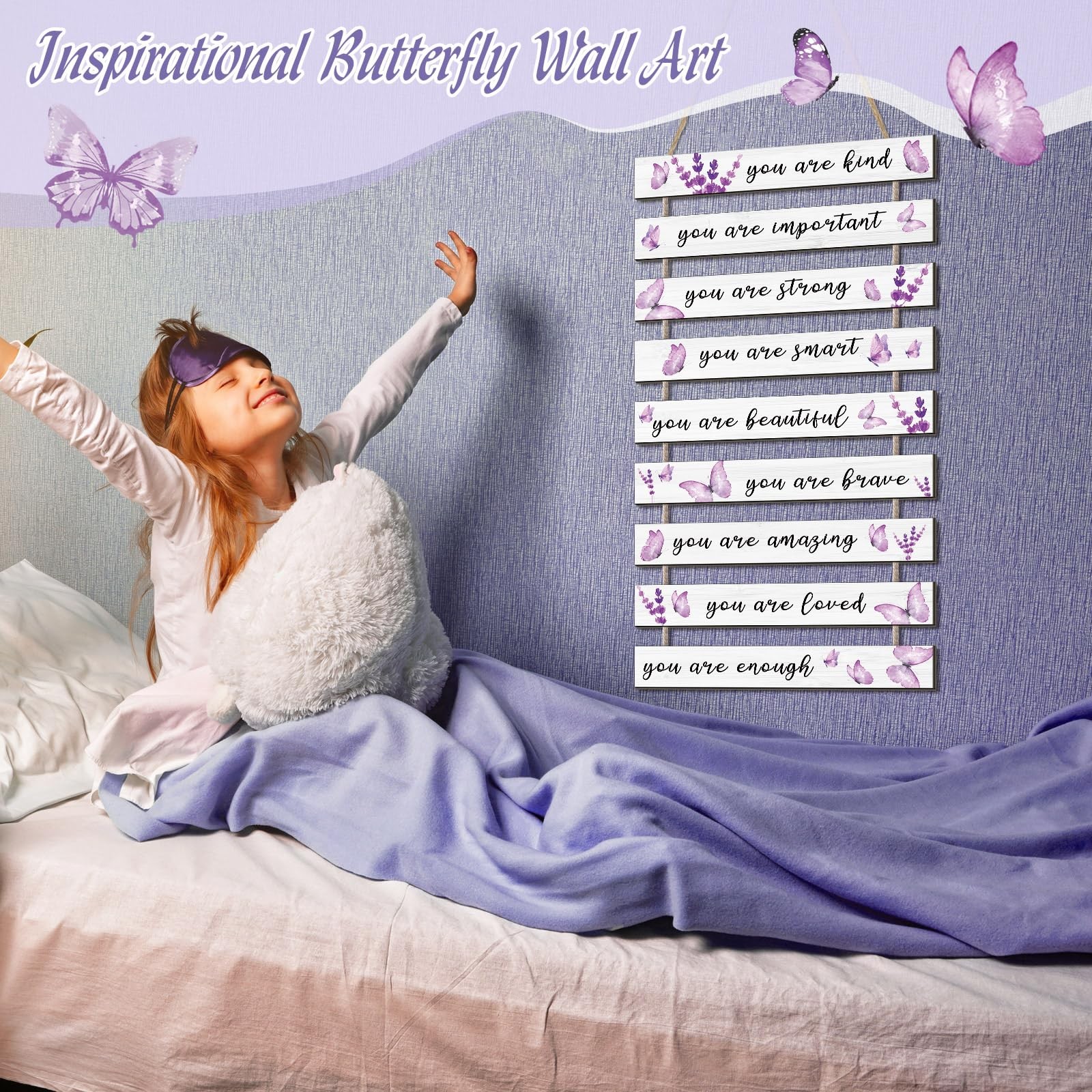 9 Pcs Bedroom Purple Butterfly Inspirational Wall Art Decor Purple Nursery Wo…