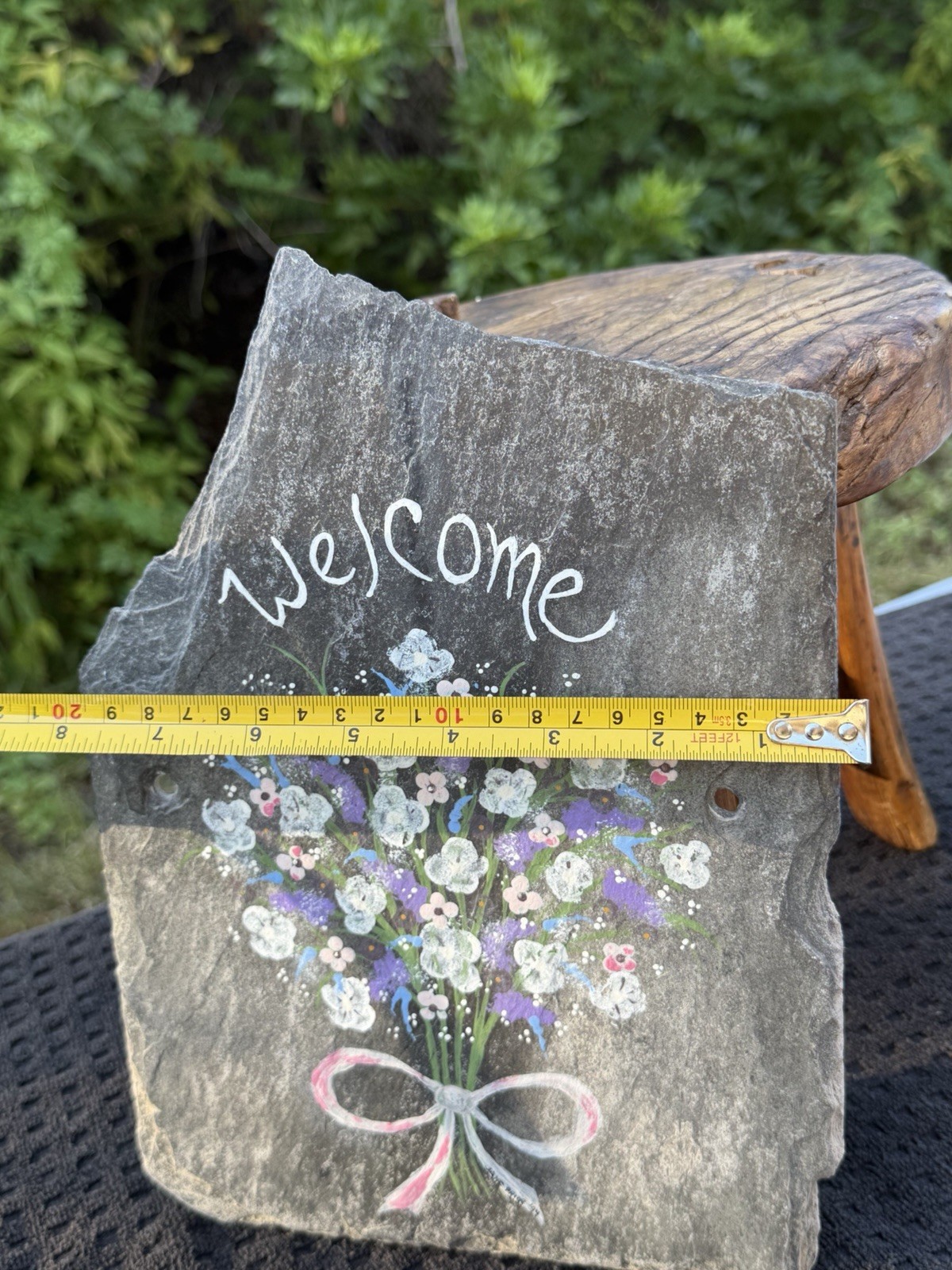 Vintage Hand-Painted Slate Welcome Plaque Floral Garden, Cottagecore