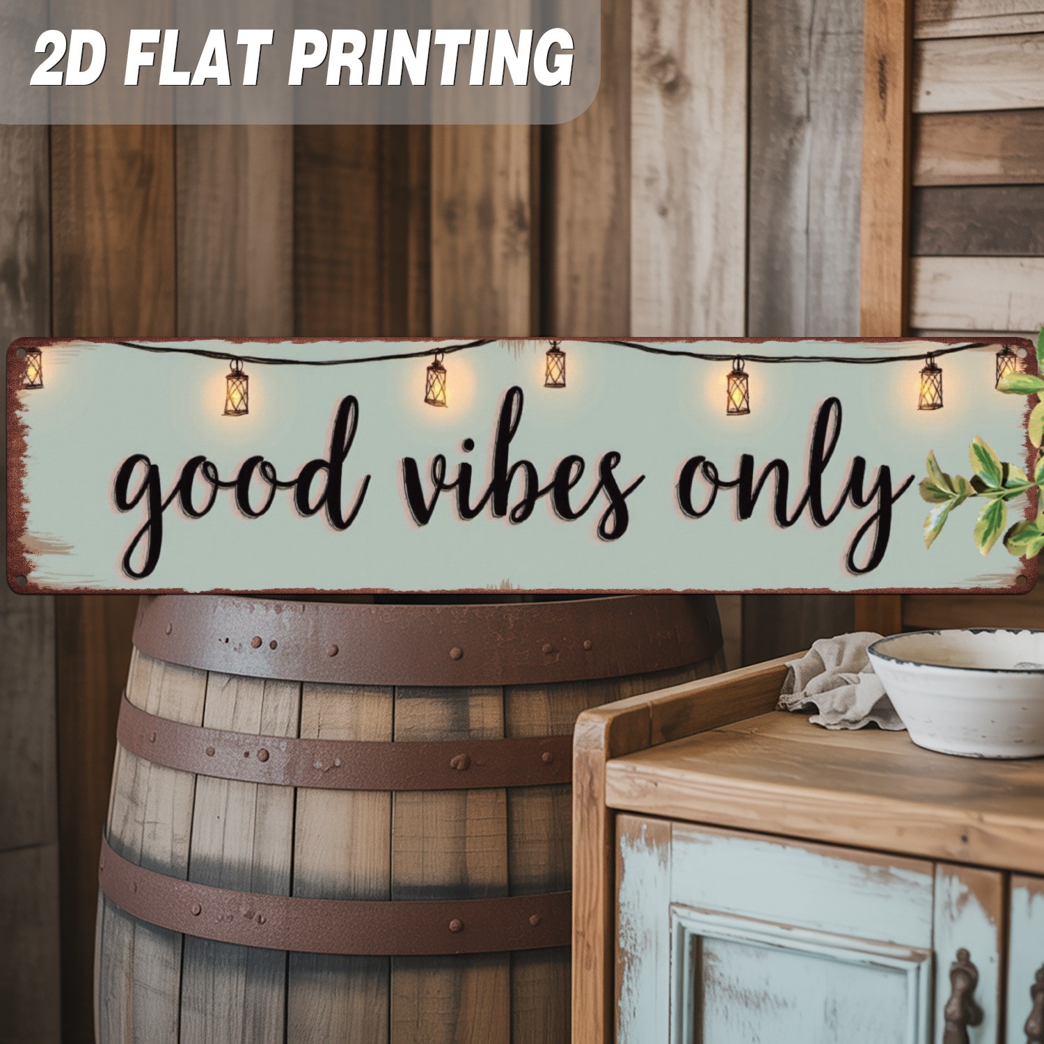 Good Vibes Only String Light Metal Sign Distressed Blue Patio Wall Decor Plaque