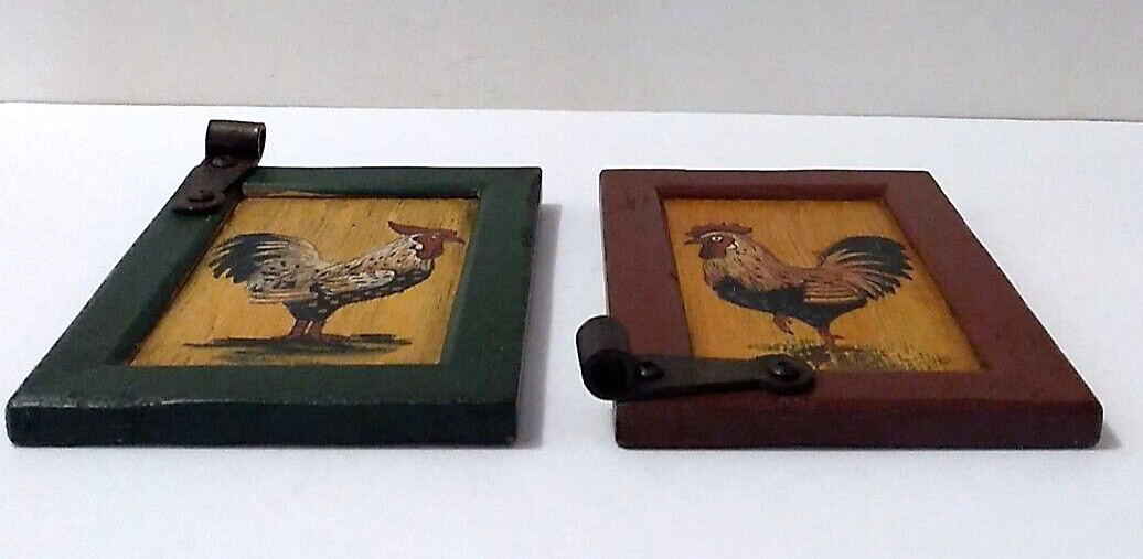 VTG Blue Sky CA Painted Rooster Chicken Wood Wall Set 2 Farmhouse Country 5 x 7″
