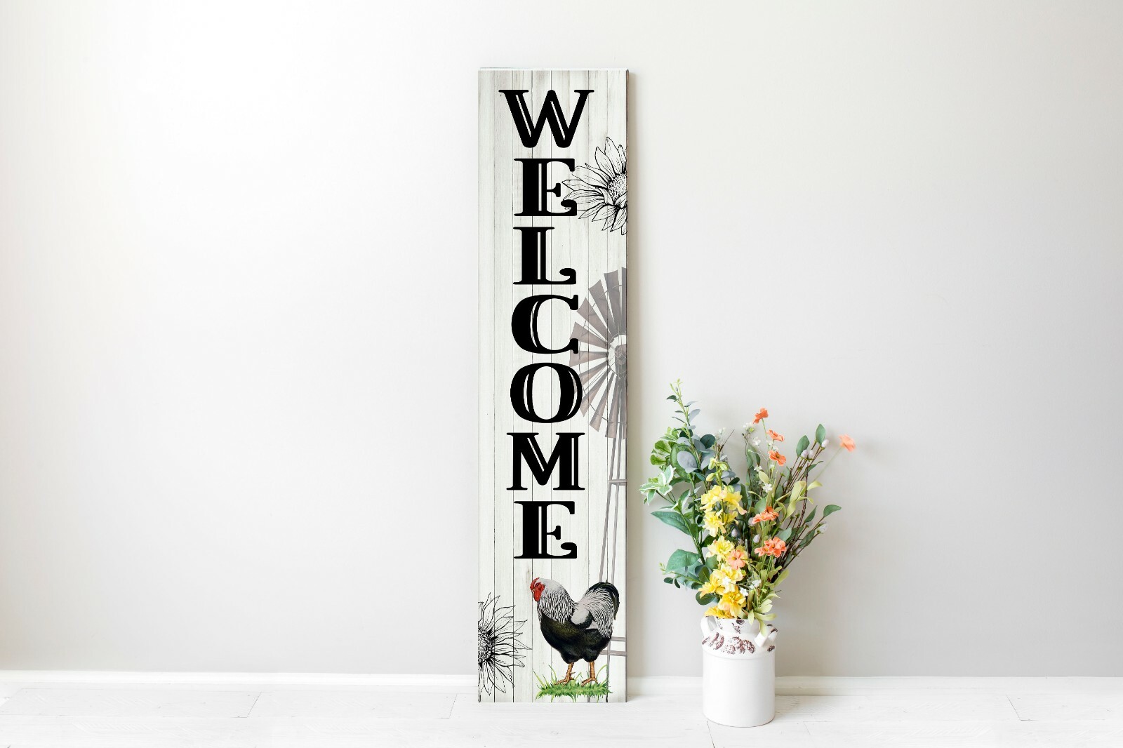 24 Inch (2 Foot Tall) Welcome Chicken Vertical Wood Print Sign