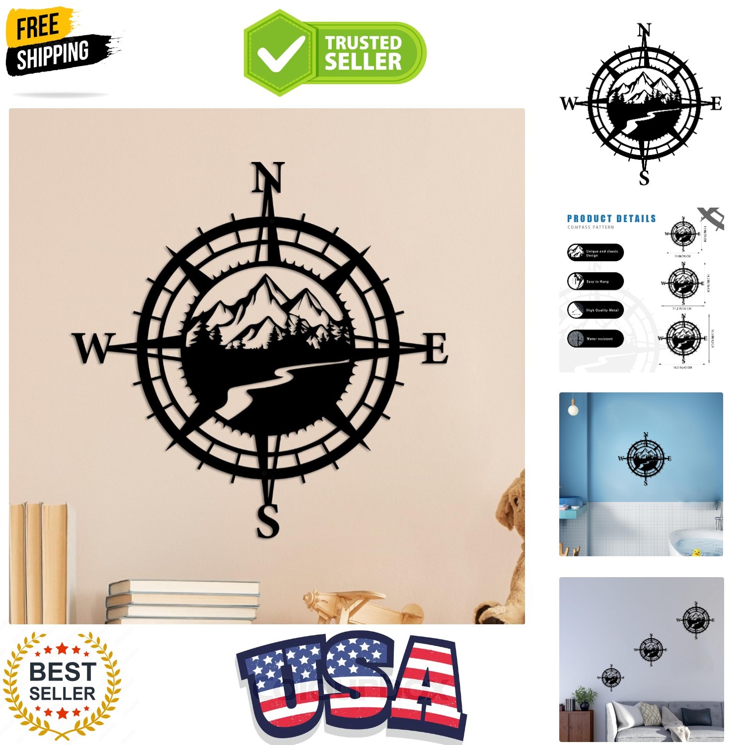 Black Metal Mountain Nautical Compass Wall Decor, Forest Décorative Indoor or…