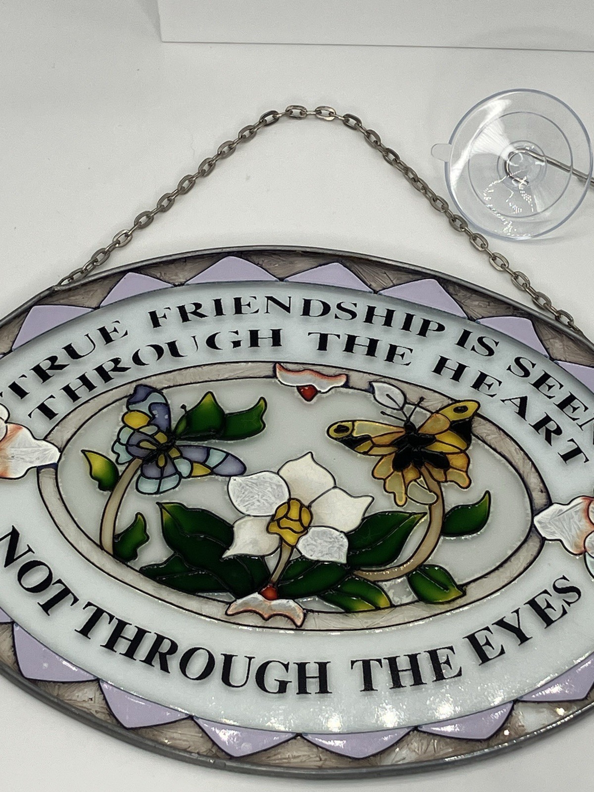 Vtg Butterfly Flower Stained Glass Friendship Plaque Sun Catcher Window Cottage