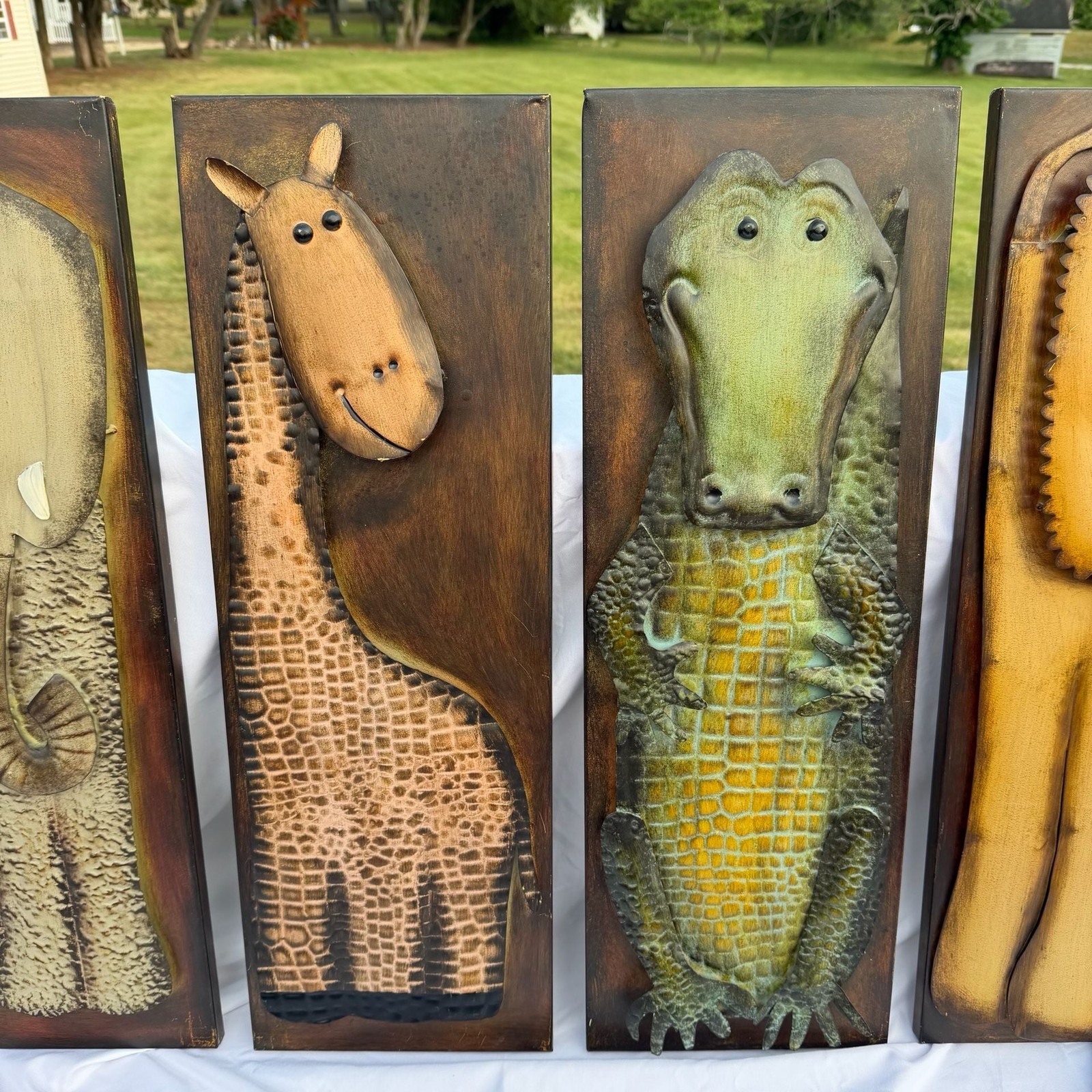 Set of 4 Whimsical Safari Animal Metal Wall Art Plaques 9” x 26”