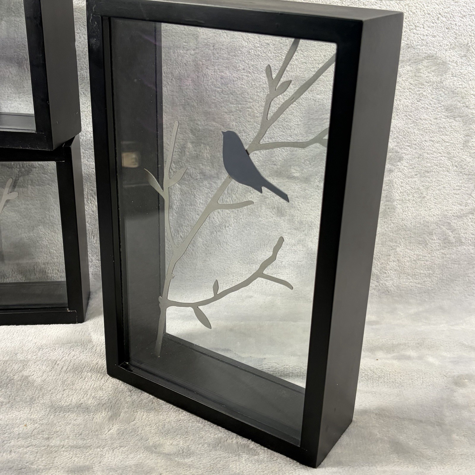 Bird Silhouette Shadow Box Decor Set of 3 Black Frame Glass Branch Modern