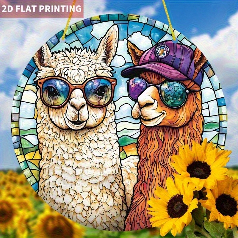 Cool White Brown Alpaca Couple Wearing Sunglasses Cap Acrylic Suncatcher Decor