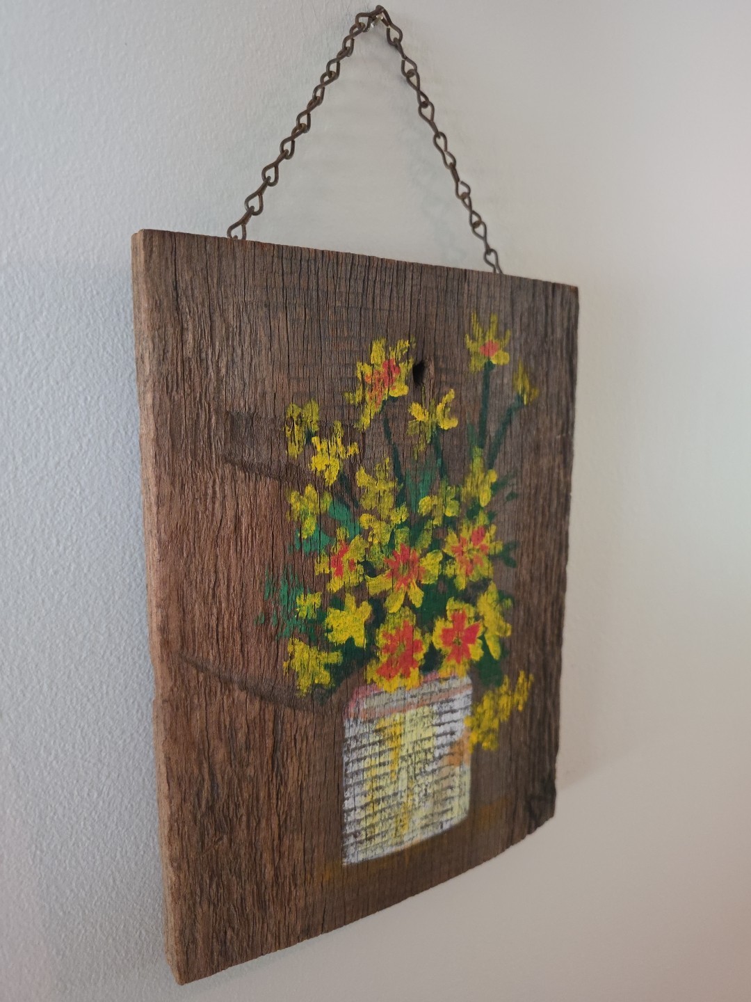 Rustic Reclaimed Wood Artist signed Handpainted flower Bouquet Wall Art Decor