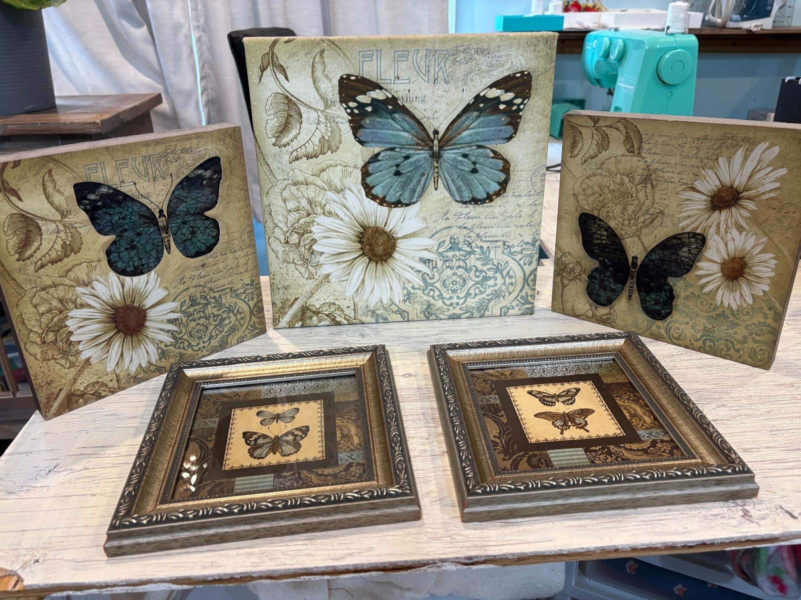 Butterfly Wall Decor Art Set 5 Square Plaques Nature Theme Home Decoration
