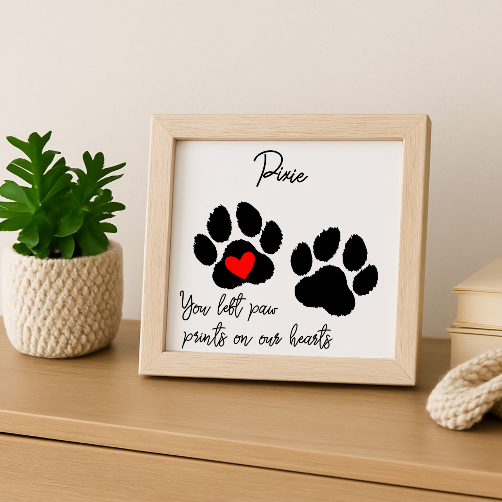 Personalized Dog Paw Memorial Sign Laser Engraved Pet Loss Gift on Wood in Frame