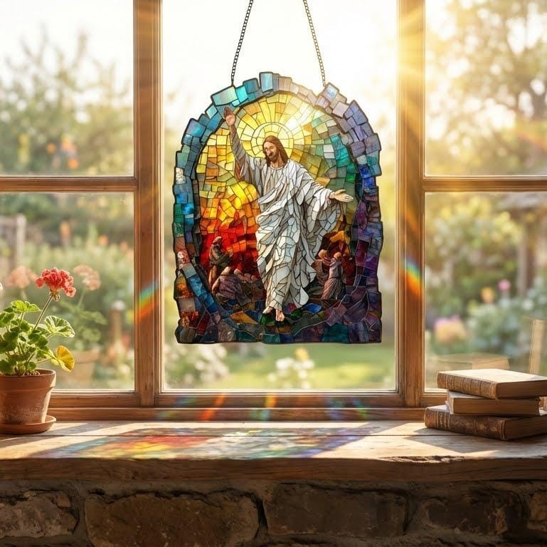 Jesus Resurrection Suncatcher, Christian Stained Glass Style Window Hanging