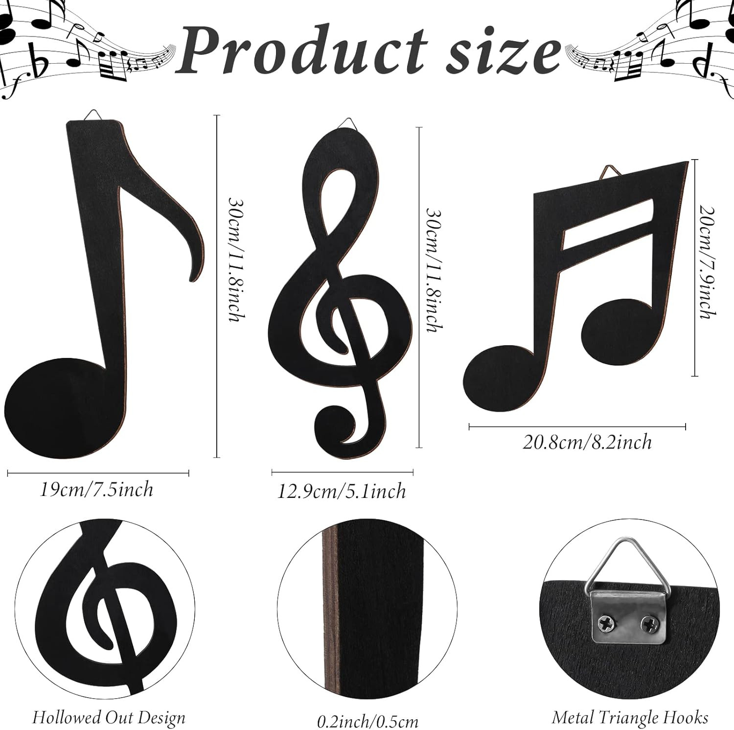 3 Pieces Music Notes Wall Decor Black Treble Clef Wooden Hanging Wall Art Music