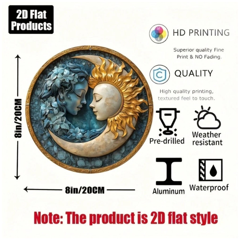Sun And Moon Round Metal Wall Art Plaque – 8×8 Inches 2D Flat Aluminum Decorativ