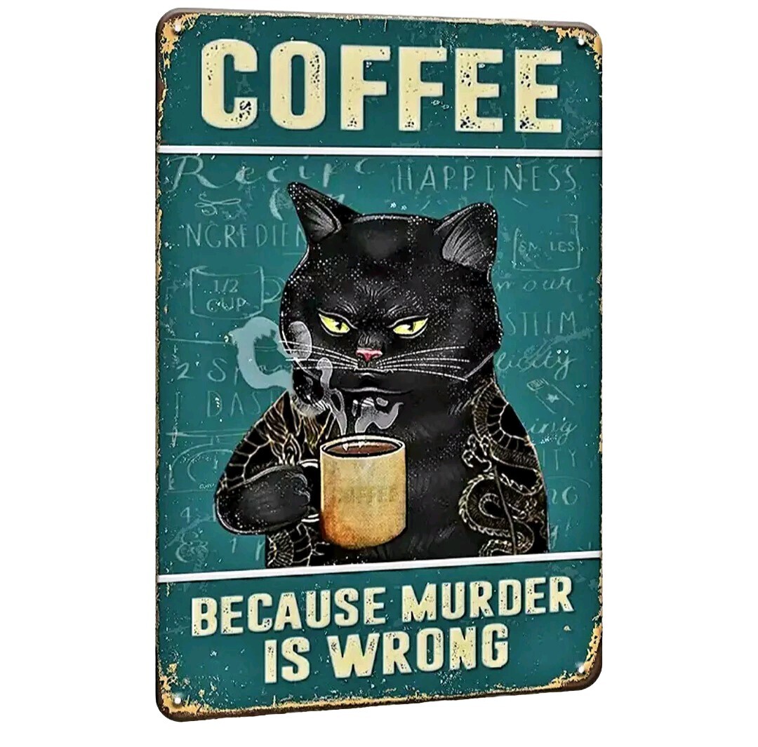 “Vintage Coffee Black Cat Metal Wall Decor Sign 9×11.8″ Retro Kitchen Art”