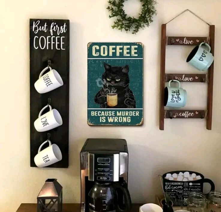 “Vintage Coffee Black Cat Metal Wall Decor Sign 9×11.8″ Retro Kitchen Art”