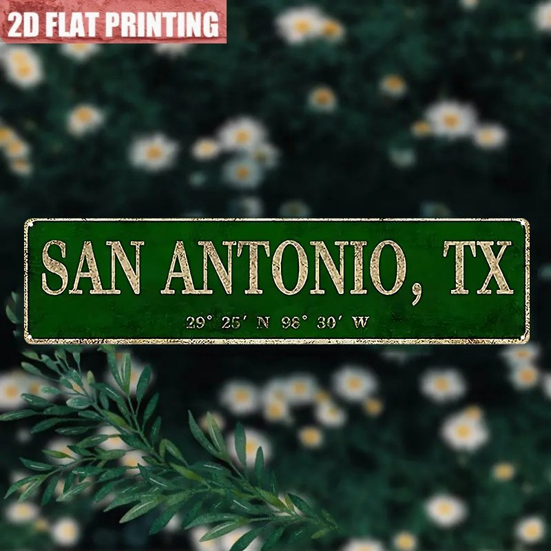 Distressed Green San Antonio TX Coordinates Metal Sign Texas City Cabin Decor