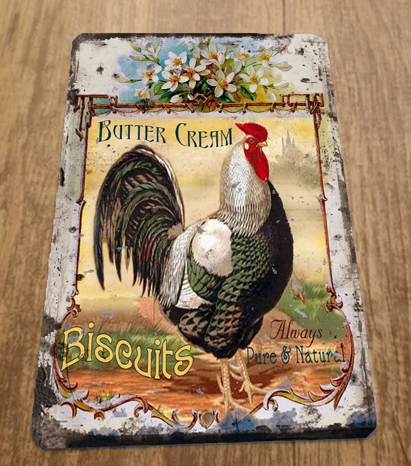 Butter Cream Biscuits Vintage Ad Rooster Chicken 8×12 Metal Wall Animal Sign