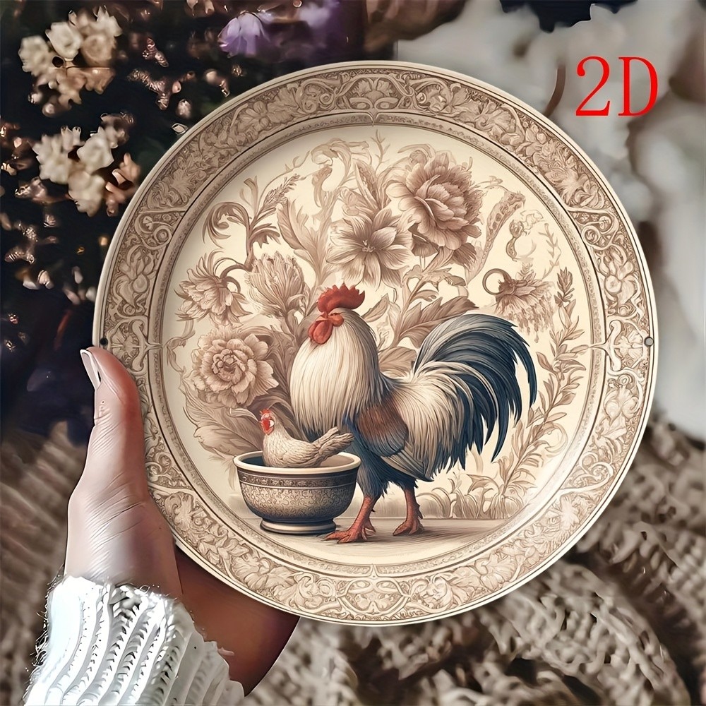 2D Flat, Aluminum Vintage Rooster Wall Art: Tin Metal Signs 8×8 Inches Aluminum
