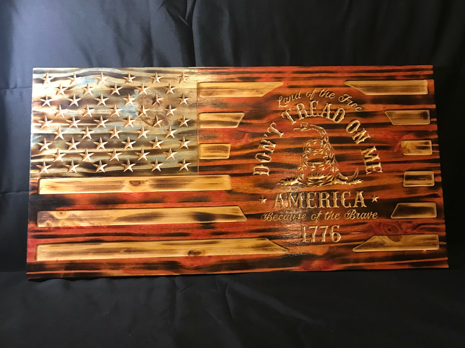 US Rustic Wood Burned Flag Gadsden Dont Tread On Me American Flag Painted Carved