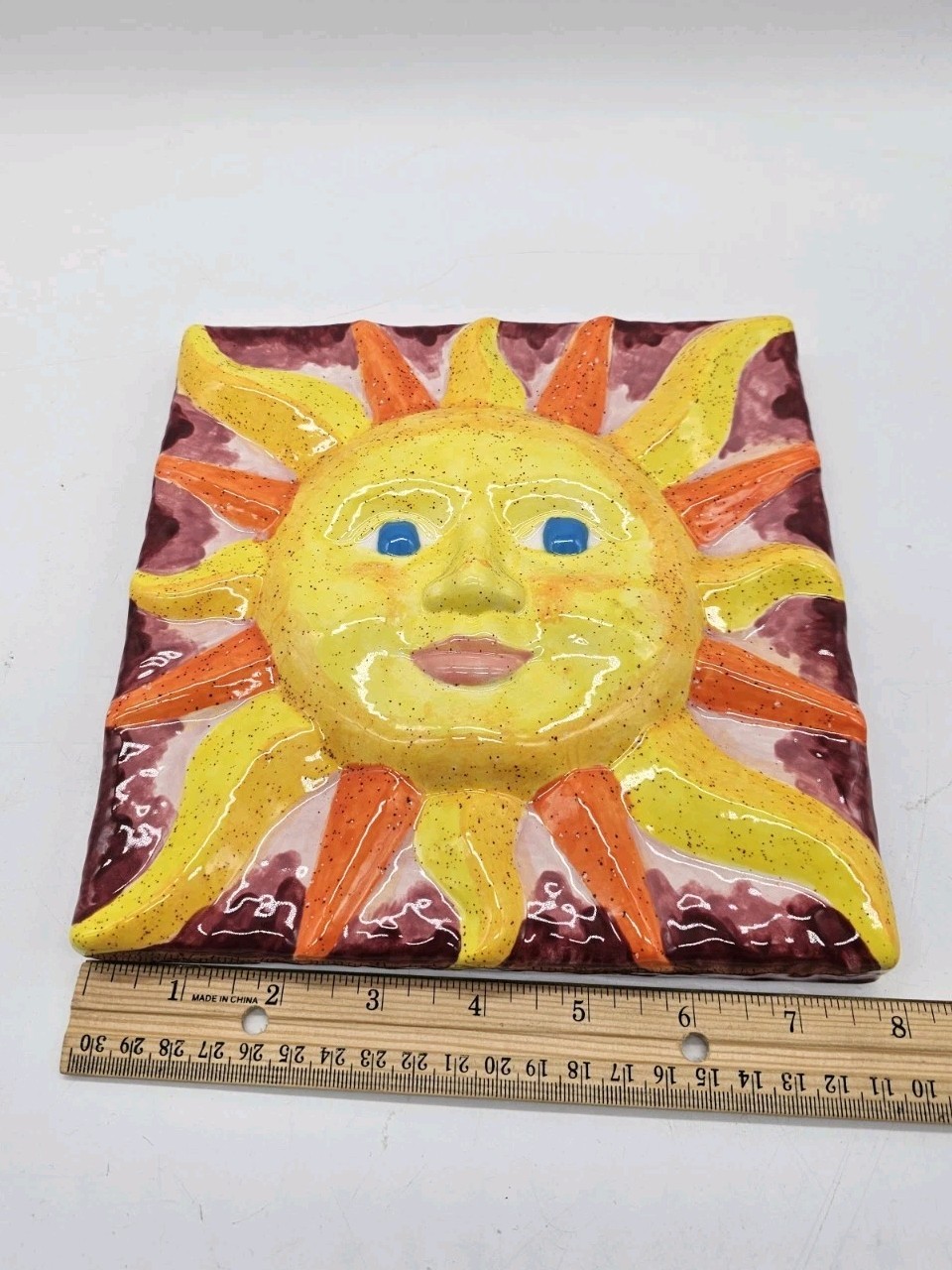 Handmade Ceramic Smiling Sun Face Bright Colors 8×8″ Plaque Wall Art Summer