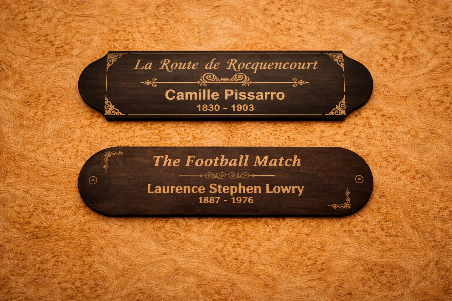 Custom engraved nameplate/plaque – shiny or aged brass, for art, trophy, office