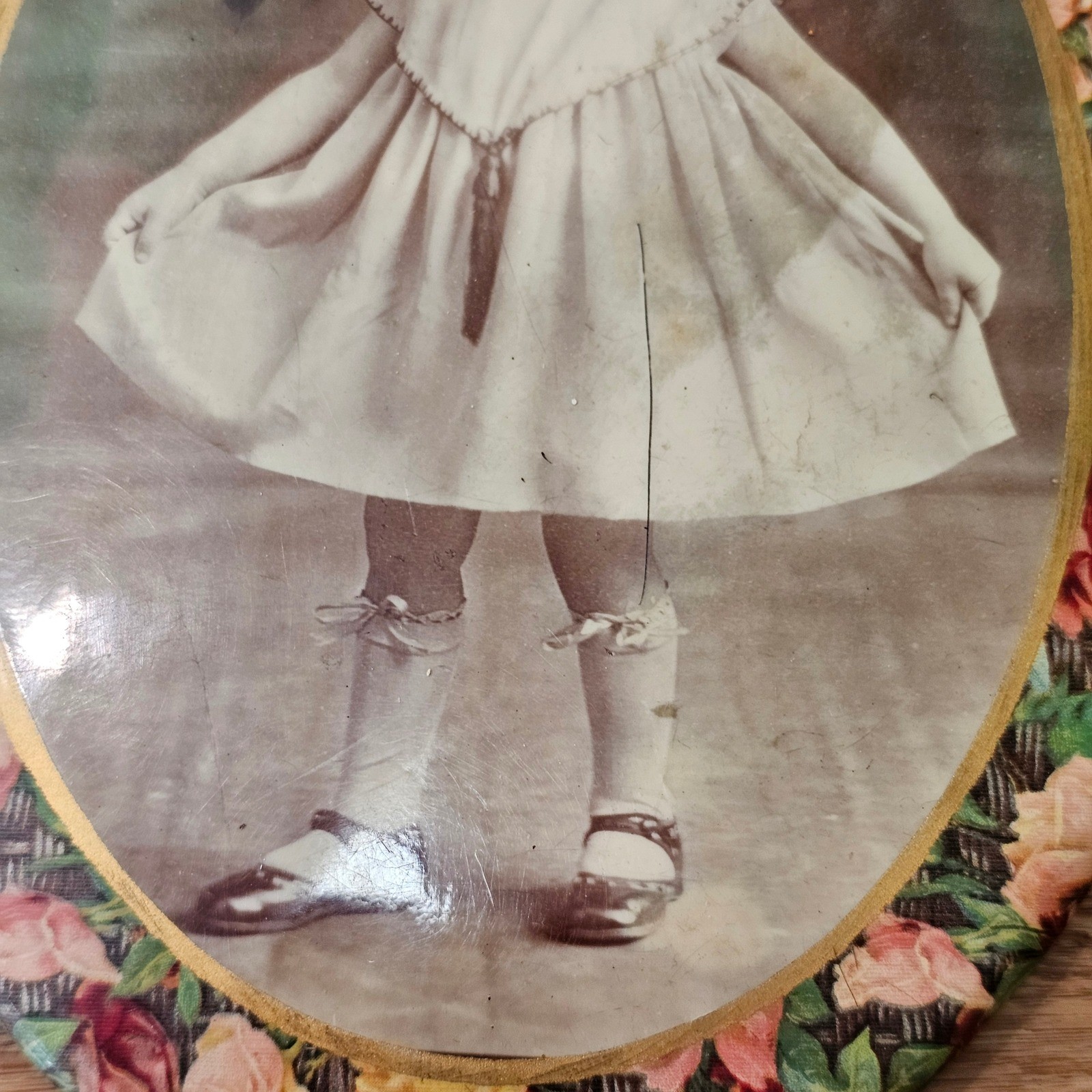 Antique Tin Celluloid Oval Photo Portrait Little Girl Wall Decor Art Vintage