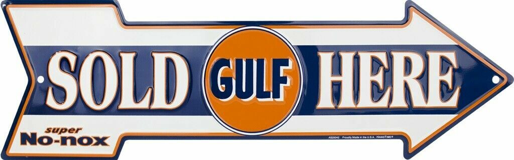 Gulf Sold Here Metal Arrow Sign 20″ x 6″ ↔ Gasoline Retro Garage Embossed Decor