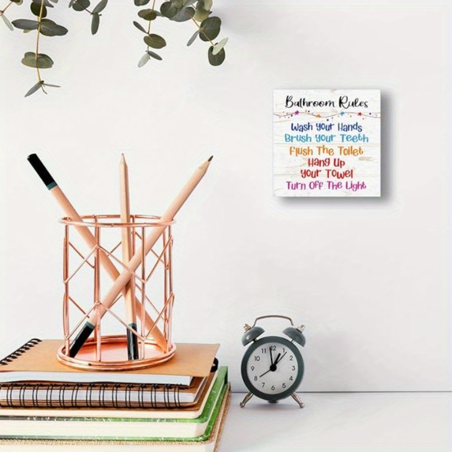 2D 1P Bathroom Rules Wooden Box Sign Colorful Step-by-Step Letters Decor 5×5