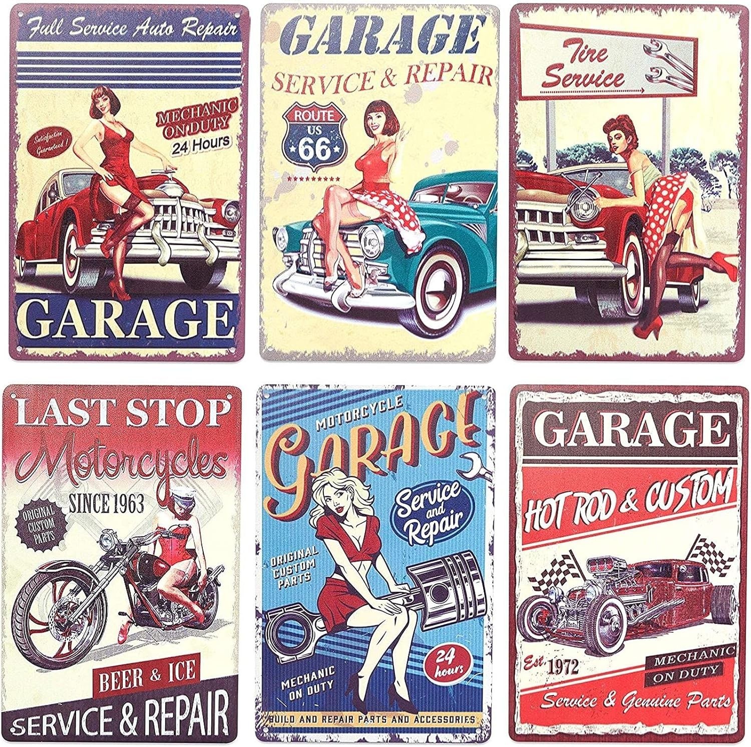 Vintage Metal Signs 6 Pack Iron Wall Decor Garage Car Wall Art Indoor Outdoor