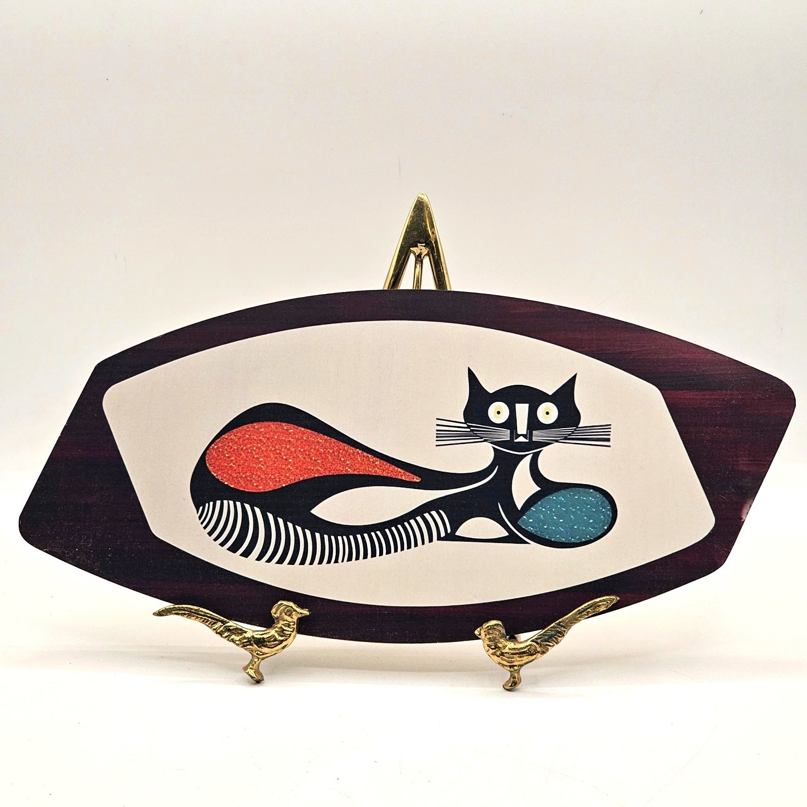 Mid Century Modern Atomic Cat Wall Art Plaque Vintage Faux Teak 12×5.5