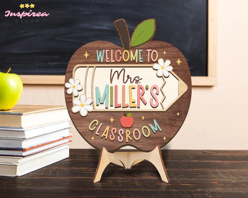 Personalized Apple Teacher Name Door Sign, 3D Welcome Classroom Decor