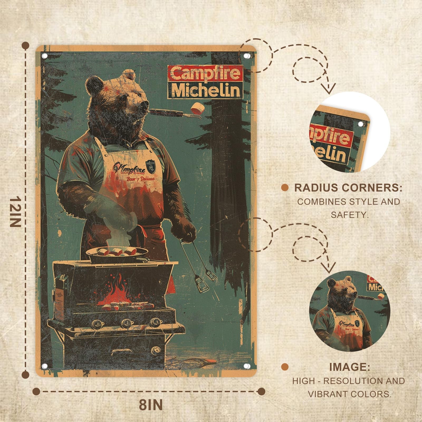 Campfire Michelin Bear Metal Wall Art – 8×12 Inch Rustic Outdoor BBQ Decor, V…