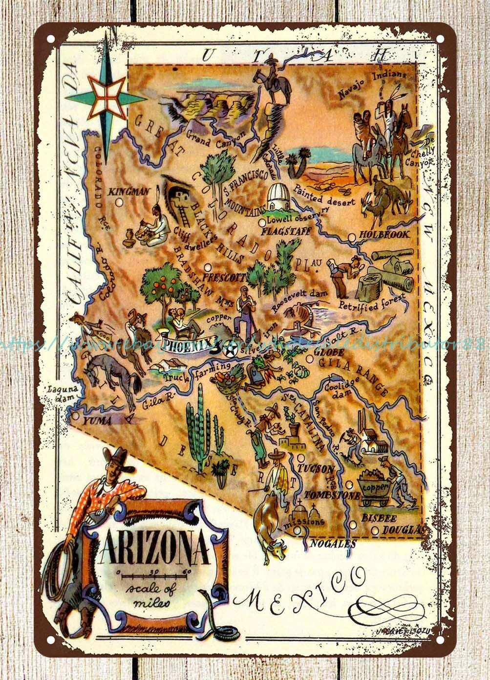 decorative wall plaques Arizona Pictorial Map 1946 metal tin sign