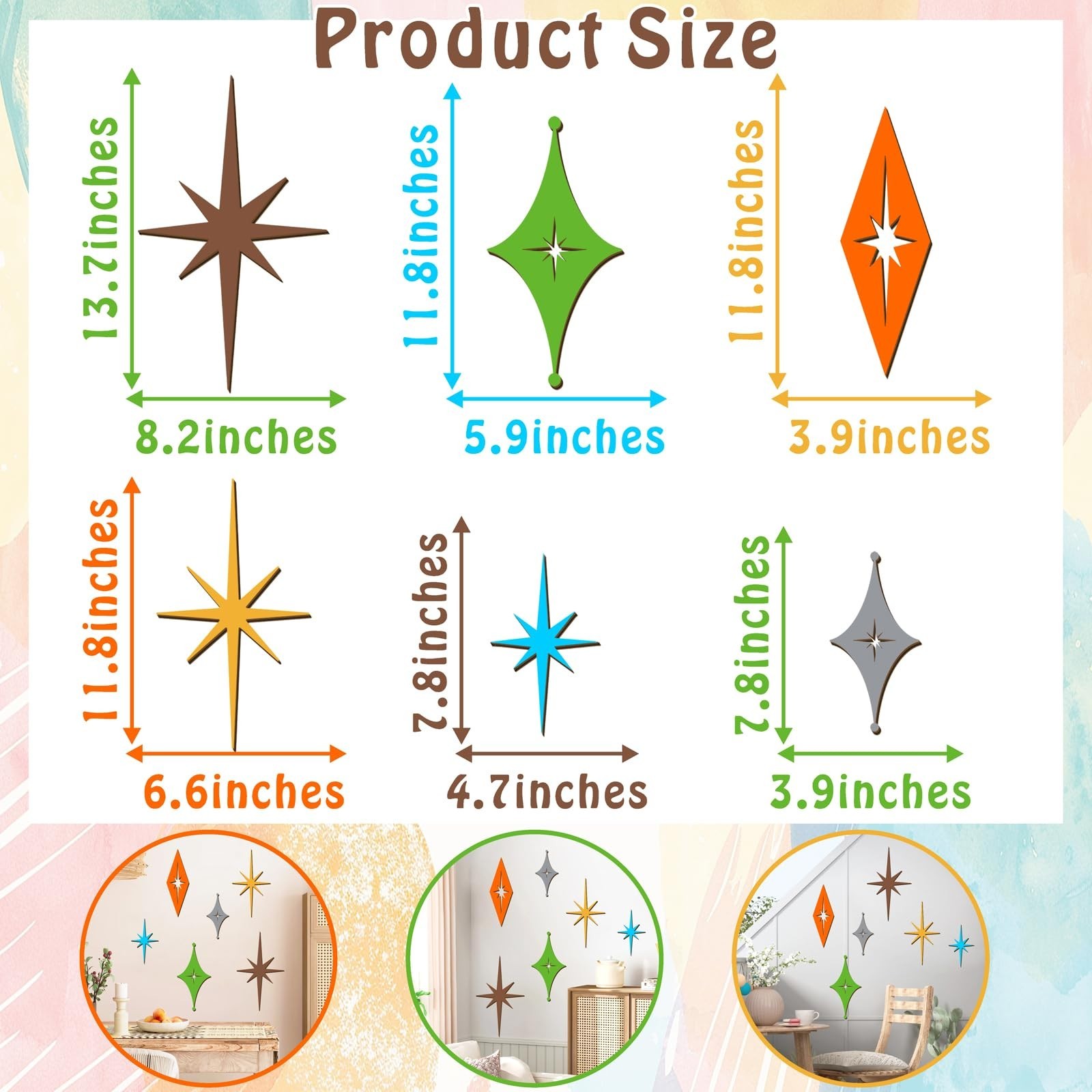 Colorful Wooden Star Wall Decor – 6 Pcs Mid Century Modern Art, Rustic Starburst