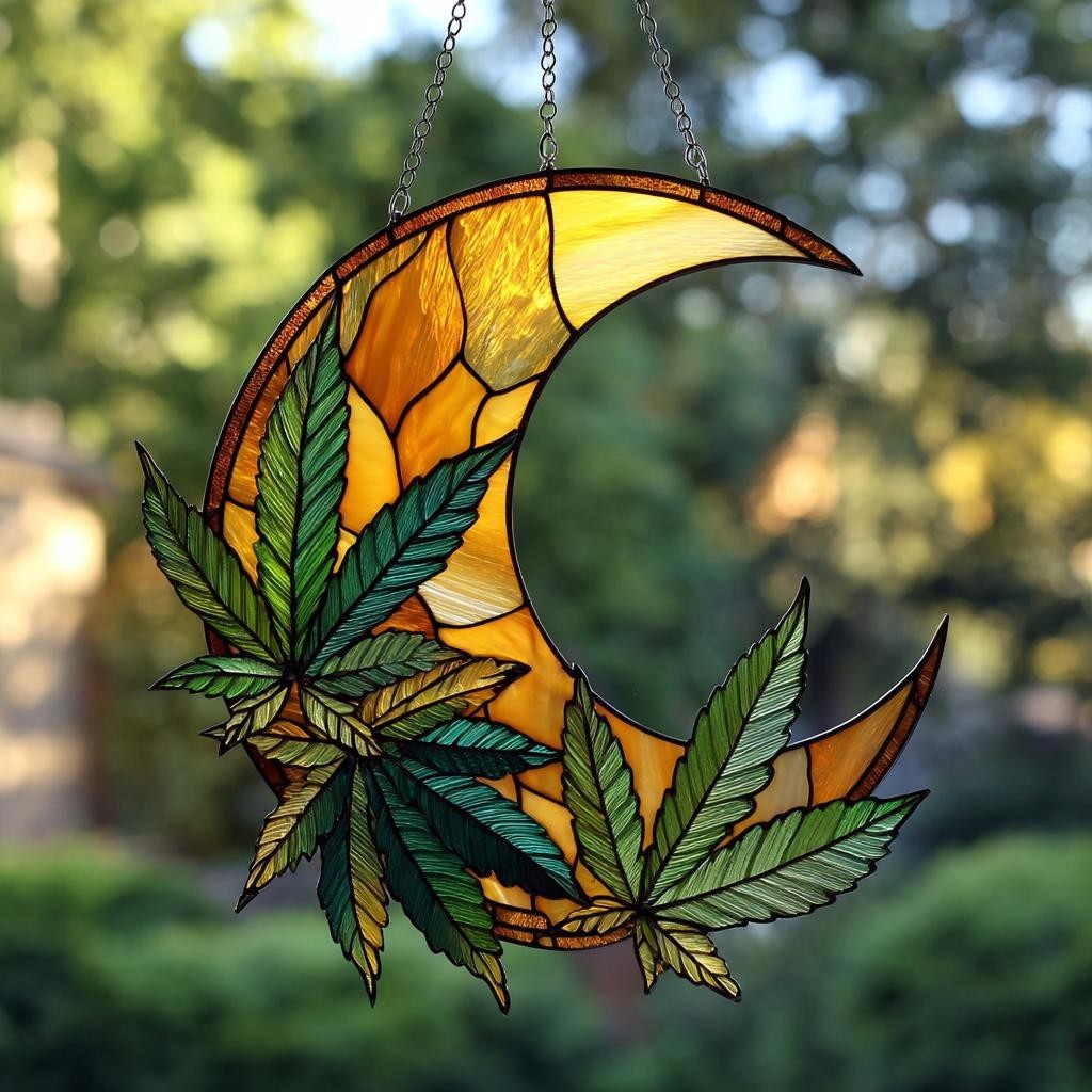 Cresent Moon Cannabis Leaf Acrylic Suncatcher Window Hanging Decor