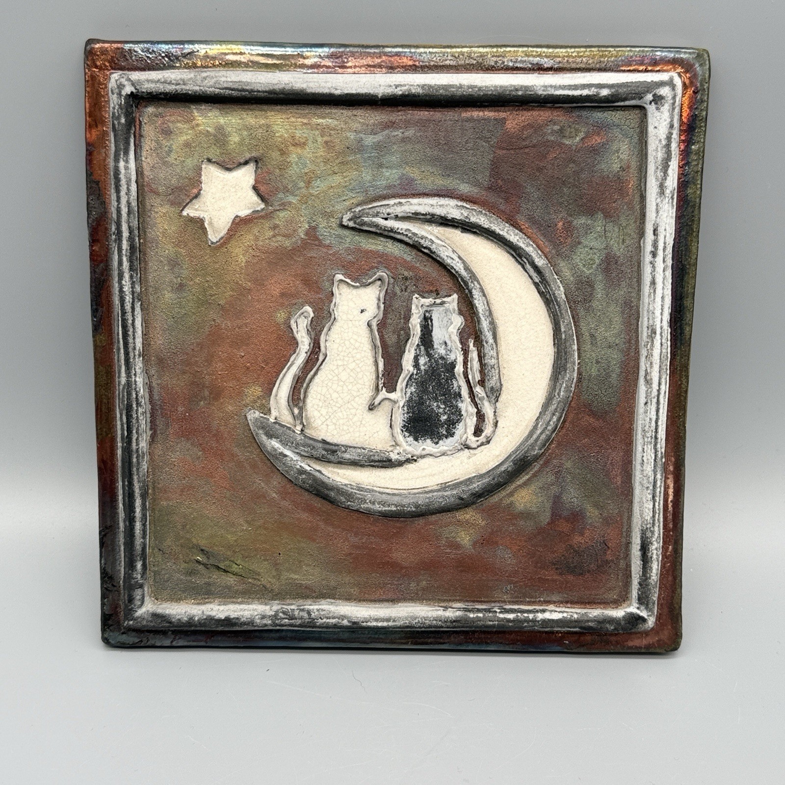 Handcrafted Abstract Raku? Cats Moon And Star Art Tile 8” X 8”