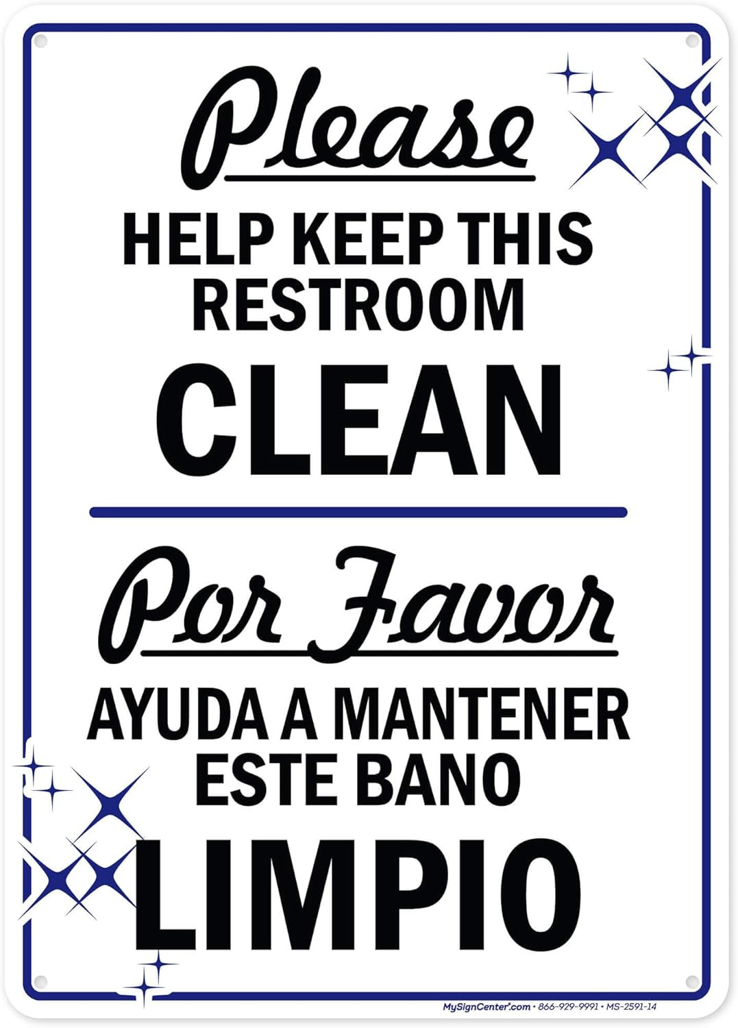Please Help Keep This Restroom Clean Sign, Bilingual English and Spanish, 10X14