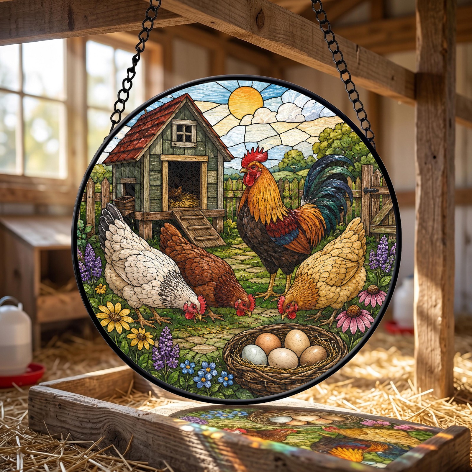 Stained Glass Backyard Chicken Suncatcher, Rooster & Hen Window Decor