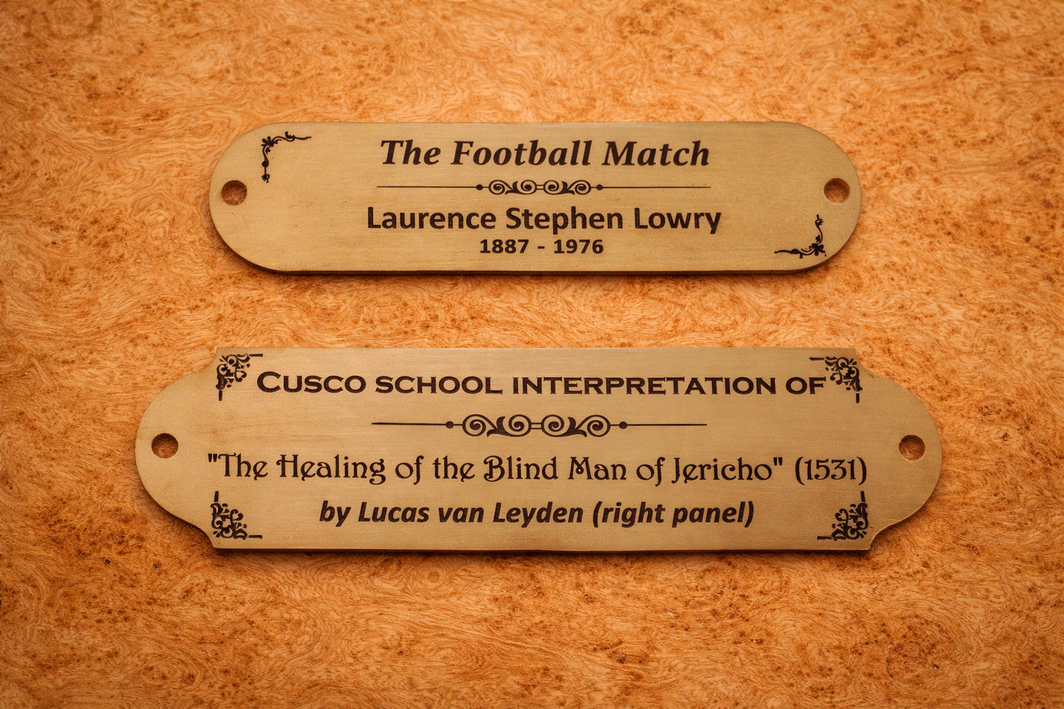 Custom engraved nameplate/plaque – shiny or aged brass, for art, trophy, office