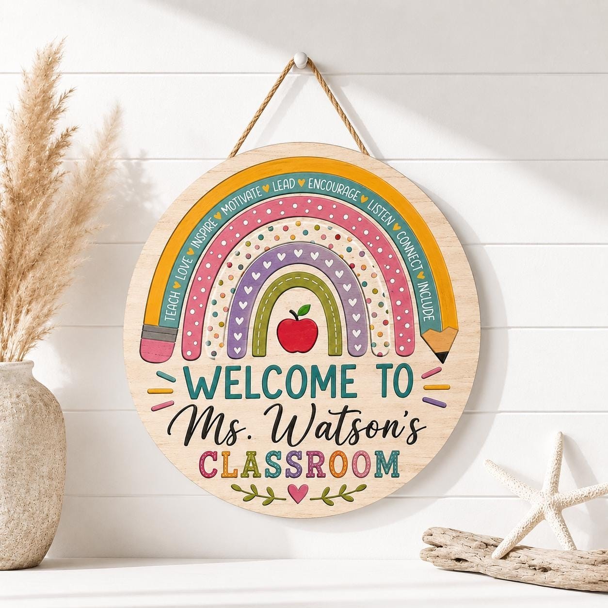 Personalized Rainbow Teacher Classroom Door Sign, Wooden Welcome Hanger Gift